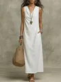 Elegante vestido largo blanco sin mangas con cuello drapeado y bolsillos para mujer - S / Vestidos / Blanco