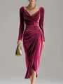 Detailed view of an elegant ruched velvet dress with a stylish split hem design - S / Red