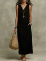 Elegante vestido largo negro sin mangas con cuello desbocado y bolsillos laterales - S / Vestidos / Negro