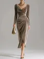 Elegant long-sleeved velvet dress with cowl neck and draped slit detail - S / Brown