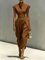 Elegant brown high-neck sleeveless jumpsuit with high-waisted wide-leg pants for women - Dark Brown