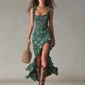 Vestido largo bohemio floral con volantes y abertura alta en color verde azulado - XS / Vestidos / Verde