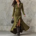Elegant slim fit olive green long-sleeve maxi dress with ruffle hem and side slit - XS / Dresses / Olive Green