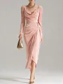 Detail of pink velvet long-sleeved ruched dress with side slit and gold accessories - S / Dresses / Pink
