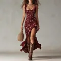 Vestido largo bohemio burdeos con flores, volantes elegantes y abertura alta sexy - XS / Vestidos / Burdeos