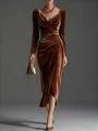 Elegant long sleeve bronze velvet dress featuring sophisticated ruched slit detail - S / Dresses / Red Brown
