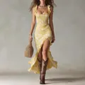 Vestido largo bohemio amarillo floral con volantes y detalle sexy de abertura alta - XS / Vestidos / Amarillo Limón