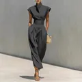 Elegant high-neck sleeveless charcoal black jumpsuit with wide-leg trousers for women - S / Dresses / Graphite