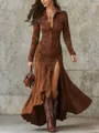 Slim fit brown suede-style maxi dress featuring a high side slit and long sleeves - Caramel color / XS