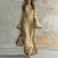 Robe longue jaune élégante à nervures avec manches évasées et taille cintrée - S / Robes / Kaki