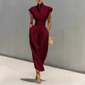 Elegant burgundy high-neck sleeveless top and high-waist wide-leg trousers set for women - S / Dresses / Burgundy