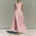 Elegante abito rosa con scollo all'americana in lino e tasche per l'estate. - Taglia S / Vestiti / Rosa