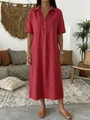 Red short-sleeved linen dress with polo collar in a boho living room setting. - S / Dresses / Red