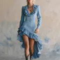Vintage Western-Style Jeanskleid mit Rüschen und asymmetrischem High-Low-Saum Design - S / Kleider / Hellblau