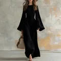 Robe longue noire élégante à texture plissée et manches cloche de style cowboy occidental - S / Robes / Noir