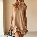 Sleeveless V-neck mini dress in camel beige featuring an elegant tiered ruffle hem - Khaki