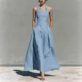 Elegante abito lungo azzurro con scollo all'americana e tasche laterali per l'estate - Taglia S / Vestiti / Celeste