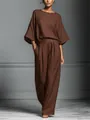 Elegante completo in lino marrone con top a maniche a campana e pantaloni larghi - Taglia S / Parte Superiore e Parte Inferiore / Caffè