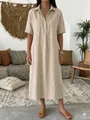 Detail view of a comfortable beige linen polo neck short sleeve maxi dress for women - S / Dresses / Khaki