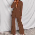 Elegante conjunto de dos piezas para mujer con blazer marrón y pantalón ancho - S / Top Y Pantalón / Café