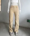 Stylish women's wide leg khaki cargo pants with multiple pockets for casual wear - Beige
