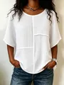 Lässiges weißes Damen-Oberteil aus Crinkle-Stoff mit Patchwork-Design und halben Ärmeln - XS / Oberteile / Weiß