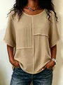 Stilvolles khakifarbenes Damen-Kurzarm-Oberteil mit elegantem Patchwork-Stoffdesign. - XS / Oberteile / Khaki