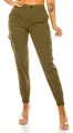 Detailed view of olive green women's cargo pants with multi-pockets and elastic waist - S / Bottoms / Olive Green