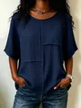 Lässige marineblaue Patchwork-Bluse aus Crinkle-Stoff mit kurzen Ärmeln für Damen - Dunkelblau