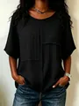 Lässiges schwarzes Damen-T-Shirt mit einzigartigem Patchwork-Design aus Faltenstoff. - Schwarz