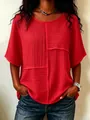 Lässiges rotes strukturiertes Patchwork T-Shirt für Damen Sommer Mode Oberteil Design - Rot