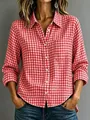 Klassiek rood en wit gingham geruit shirt met lange mouwen voor dames detailweergave - Watermeloen Rood