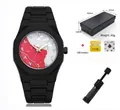 Reloj de cuarzo para hombre de silicona negra con números arábigos y esfera roja y blanca - Mother-of-Pearl Texture Octagonal Quartz Watch Set (QT1006)