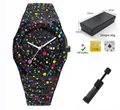 Elegante reloj de cuarzo de silicona con lunares de colores, batería y caja de regalo - Colorful Dots Octagonal Quartz Watch Set (Black Dots)