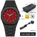 Reloj de cuarzo de silicona negra con esfera árabe roja, incluye caja y herramientas - 3D Arabic Texture Octagonal Quartz Watch Set (qt1)