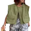 Dettaglio gilet senza maniche verde oliva con tasche e cerniera lampo frontale - Verde militare