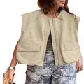 Detailansicht der übergroßen khakifarbenen Damenweste mit Reißverschluss und Taschen - S / Oberteile / Khaki