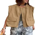 Dettaglio del gilet utility kaki senza maniche da donna con zip frontale e tasche. - Marrone scuro