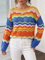 Detailed view of rainbow striped hollow-out knit sweater with wave patterns. - S / Tops / Blue