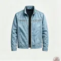 Gros plan d'une veste de travail vintage bleu clair pour hommes avec poches zippées. - 3XL / Hauts / Bleu Denim