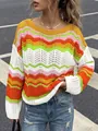 Detailed view of colorful rainbow striped hollow-out knit sweater with crochet texture - S / Tops / White Apricot