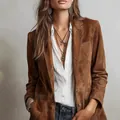 Elegant brown suede jacket with pockets and buttons for women's autumn fashion style - XS / Tops / Dark Brown