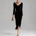 Elegant black velvet long sleeve maxi dress featuring a ruched waist and side slit - S / Black