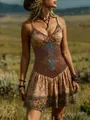 Vestido boho vintage con estampado floral, cuello en V y corte entallado - S / Vestidos / Café