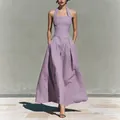 Elegant lavender halter neck maxi dress with side pockets in breathable faux linen - Light Purple