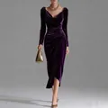 Elegant deep purple long-sleeved velvet pleated midi dress with a stylish side slit - S / Dresses / Deep purple