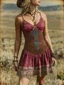 Vestido corto boho vintage con cuello en V y estampado para las vacaciones de verano - S / Vestidos / Burdeos