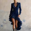 Retro-Western-Denim-Kleid in Dunkelblau mit Rüschen und asymmetrischem Saum - S / Kleider / Marineblau