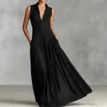 Elegant French style black sleeveless V-neck maxi dress with slim fit for spring - S / Dresses / Black