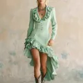 Abito in denim verde salvia stile retrò western con volant e orlo asimmetrico alto-basso - Verde chiaro